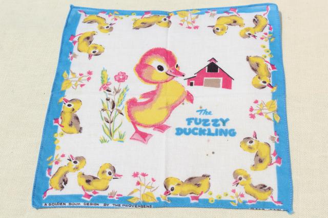 photo of vintage printed cotton hankies, childrens novelty print handkerchiefs inc Golden Book hanky #11