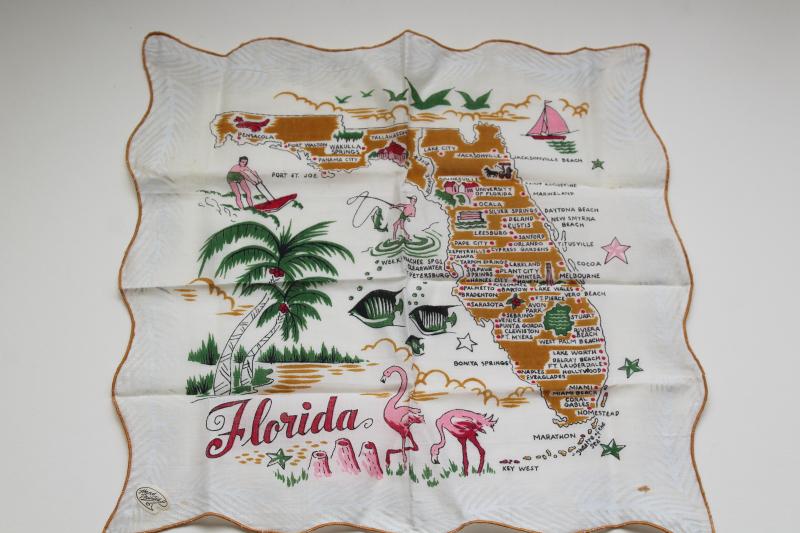 photo of vintage printed cotton hanky, 50s 60s souvenir Florida map print hankerchief #1