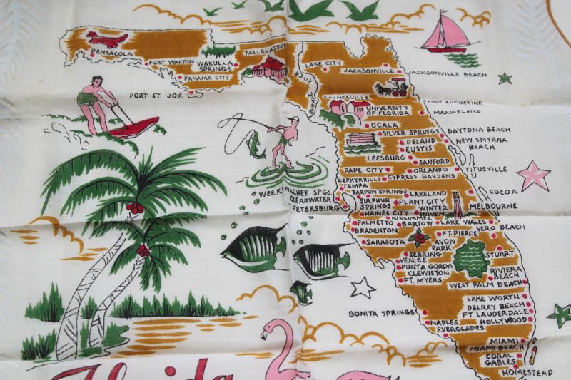 photo of vintage printed cotton hanky, 50s 60s souvenir Florida map print hankerchief #4