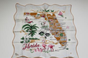 catalog photo of vintage printed cotton hanky, 50s 60s souvenir Florida map print hankerchief