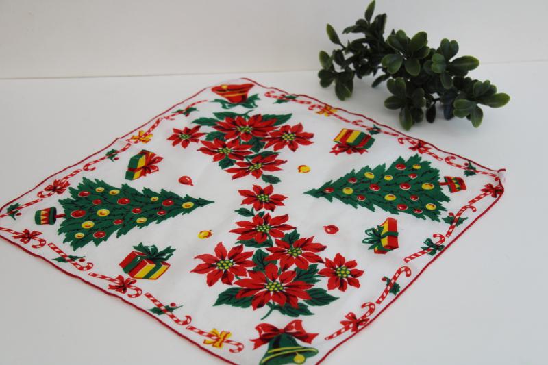 photo of vintage printed cotton hanky, Christmas tree print holiday theme ladies handkerchief #1