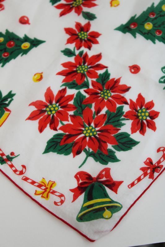 photo of vintage printed cotton hanky, Christmas tree print holiday theme ladies handkerchief #2