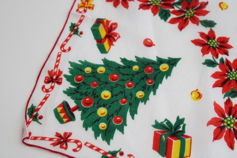 photo of vintage printed cotton hanky, Christmas tree print holiday theme ladies handkerchief #3