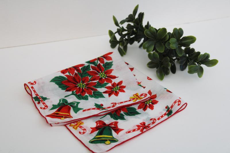 photo of vintage printed cotton hanky, Christmas tree print holiday theme ladies handkerchief #4