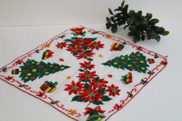 catalog photo of vintage printed cotton hanky, Christmas tree print holiday theme ladies handkerchief