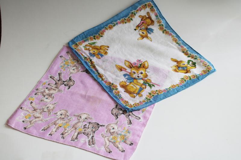 photo of vintage printed cotton holiday hankies, children's handkerchiefs w/ Easter bunnies & lamb #1