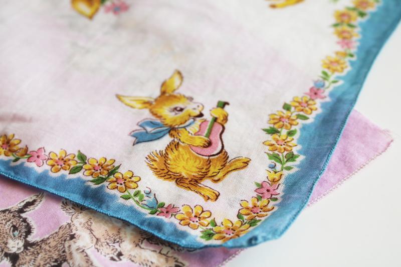 photo of vintage printed cotton holiday hankies, children's handkerchiefs w/ Easter bunnies & lamb #4