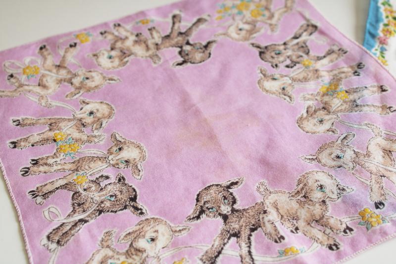photo of vintage printed cotton holiday hankies, children's handkerchiefs w/ Easter bunnies & lamb #6