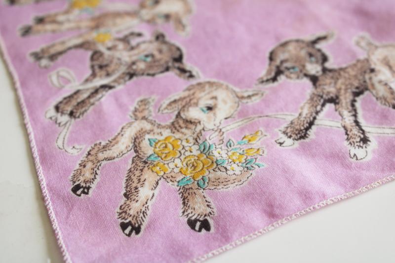 photo of vintage printed cotton holiday hankies, children's handkerchiefs w/ Easter bunnies & lamb #7