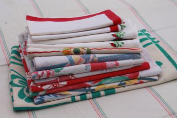 catalog photo of vintage printed cotton kitchen linens, napkins & dish towels w/ bright colors & prints