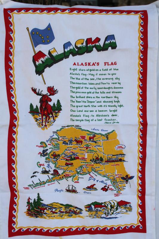 photo of vintage printed cotton kitchen towel, Alaska map tea towel w/ state flag #1