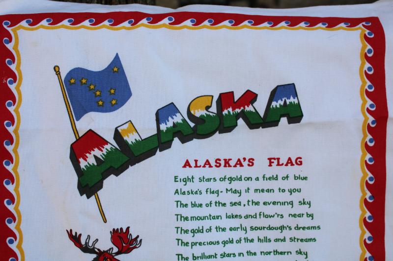 photo of vintage printed cotton kitchen towel, Alaska map tea towel w/ state flag #3