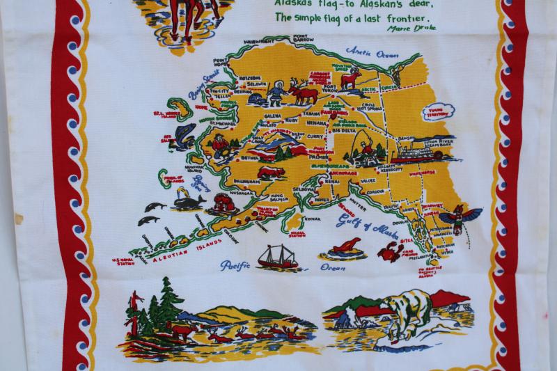 photo of vintage printed cotton kitchen towel, Alaska map tea towel w/ state flag #4