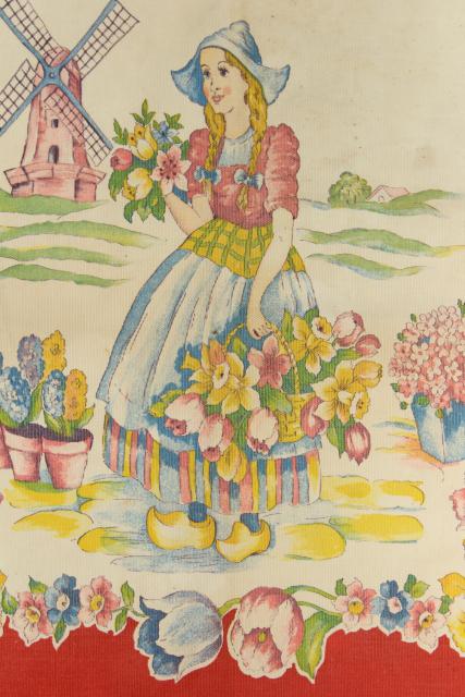 photo of vintage printed cotton kitchen towel, tea or dishtowel w/ tulips Dutch girl print #4