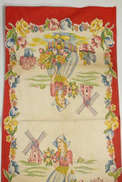 photo of vintage printed cotton kitchen towel, tea or dishtowel w/ tulips Dutch girl print #6