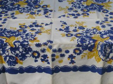 catalog photo of vintage printed cotton tablecloth, flowers in yellow and blue
