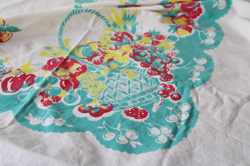 photo of vintage printed cotton tablecloth for kitchen table, fruit print aqua, red and yellow #2