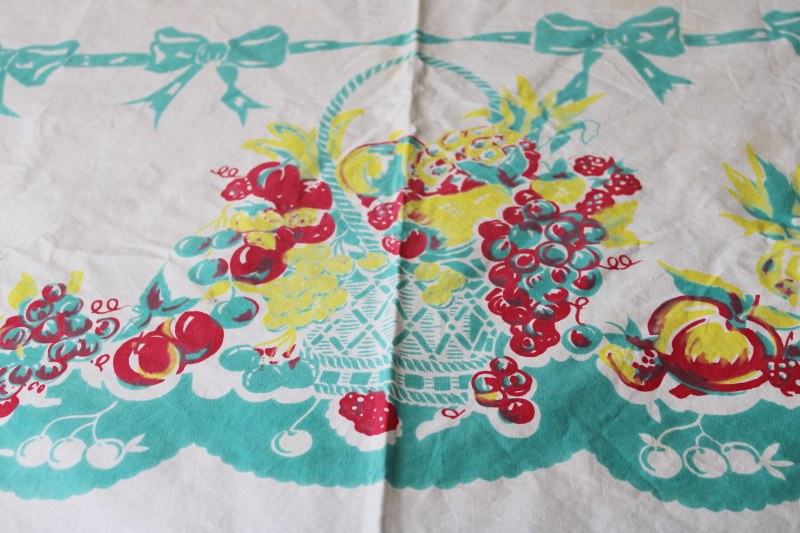 photo of vintage printed cotton tablecloth for kitchen table, fruit print aqua, red and yellow #8