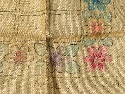 photo of vintage printed hessian burlap canvas for hooked wool rag rug, flowers #2