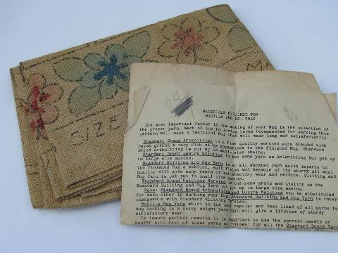 photo of vintage printed hessian burlap canvas for hooked wool rag rug, flowers #3