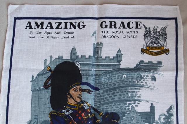 photo of vintage printed linen tea towel, Amazing Grace lyrics bagpiper print, souvenir of Scotland #3