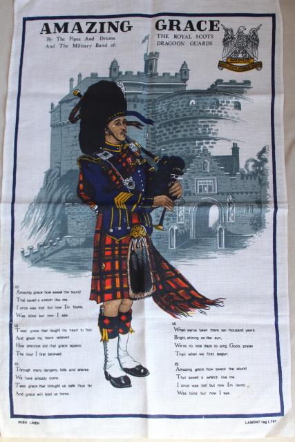 photo of vintage printed linen tea towel, Amazing Grace lyrics bagpiper print, souvenir of Scotland #4