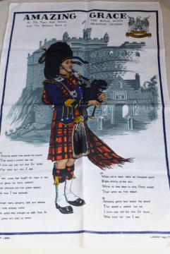 catalog photo of vintage printed linen tea towel, Amazing Grace lyrics bagpiper print, souvenir of Scotland