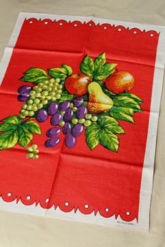 catalog photo of vintage printed linen tea towel, bright colorful fruit on red