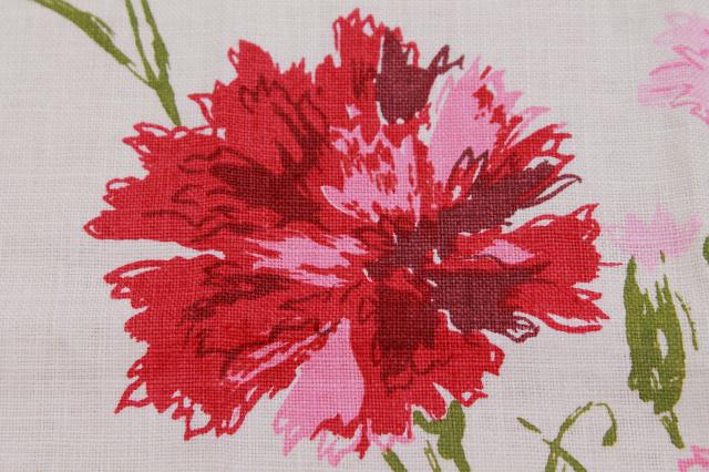 photo of vintage printed linen tea towel w/ cottage flowers, red & pinks carnations #5