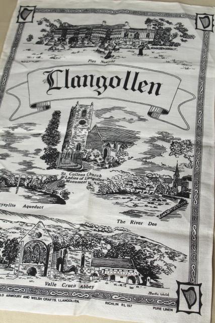 photo of vintage printed linen tea towel souvenir of Llangollen Wales historic sites #1