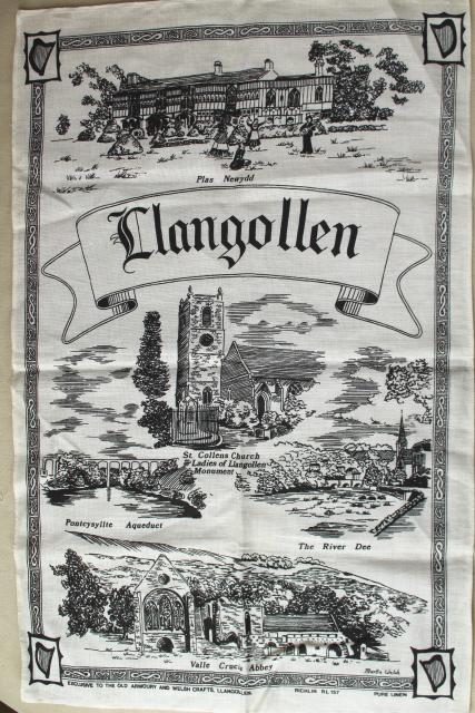 photo of vintage printed linen tea towel souvenir of Llangollen Wales historic sites #2