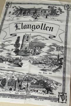 catalog photo of vintage printed linen tea towel souvenir of Llangollen Wales historic sites