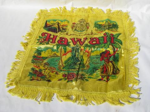 photo of vintage printed rayon pillow cover w/ fringe, souvenir of Hawaii, hula girls print #1