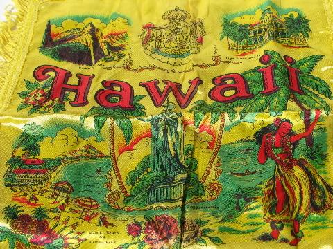 photo of vintage printed rayon pillow cover w/ fringe, souvenir of Hawaii, hula girls print #2