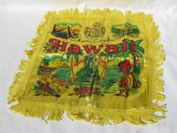 catalog photo of vintage printed rayon pillow cover w/ fringe, souvenir of Hawaii, hula girls print