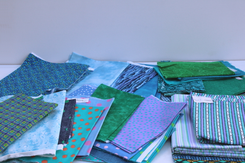 photo of vintage prints quilting cotton fabric, lots of fat quarters small pieces, mermaid blues greens  #1