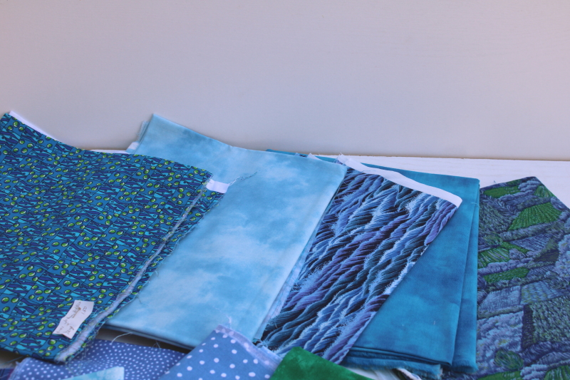 photo of vintage prints quilting cotton fabric, lots of fat quarters small pieces, mermaid blues greens  #6