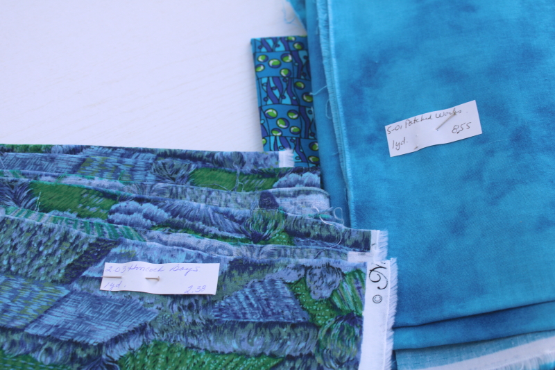 photo of vintage prints quilting cotton fabric, lots of fat quarters small pieces, mermaid blues greens  #7