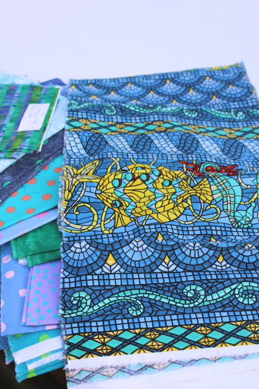 photo of vintage prints quilting cotton fabric, lots of fat quarters small pieces, mermaid blues greens  #8