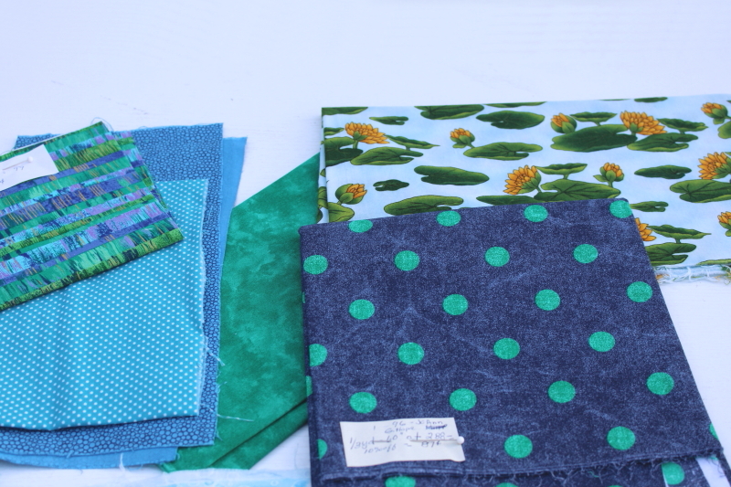 photo of vintage prints quilting cotton fabric, lots of fat quarters small pieces, mermaid blues greens  #10