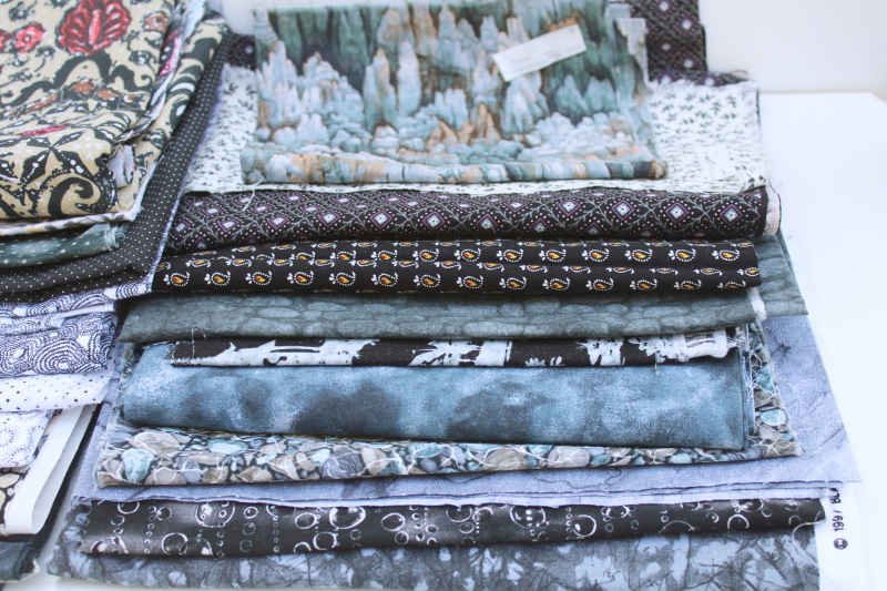 photo of vintage prints quilting cotton fabric, lots of fat quarters small pieces, moody black prints #9