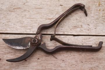 catalog photo of vintage pruning shears, well made heavy steel garden tool old fashioned quality