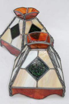 catalog photo of vintage pub tavern lampshades, leaded stained glass shades for twin arm light or pendant lamps