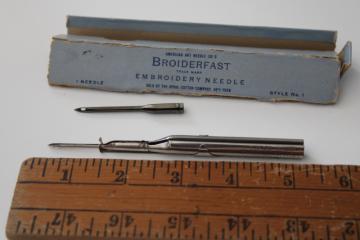 catalog photo of vintage punch needle embroidery tool, Broiderfast w/ two tips in worn original box