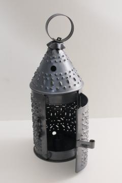 catalog photo of vintage punched tin candle lamp, metal lantern primitive colonial toleware