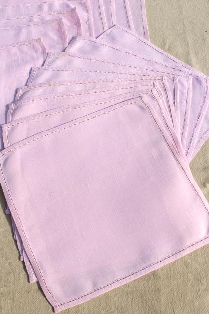 photo of vintage pure Irish linen placemats & napkins set w/ hemstitching, pretty pale pink table linens #3