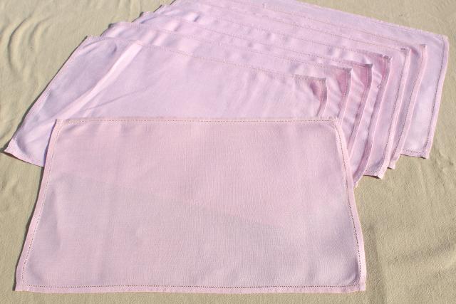 photo of vintage pure Irish linen placemats & napkins set w/ hemstitching, pretty pale pink table linens #7