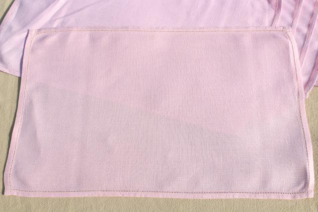 photo of vintage pure Irish linen placemats & napkins set w/ hemstitching, pretty pale pink table linens #8