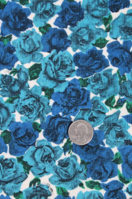 photo of vintage pure cotton corduroy fabric pinwale pincord w/ retro blue roses print #1