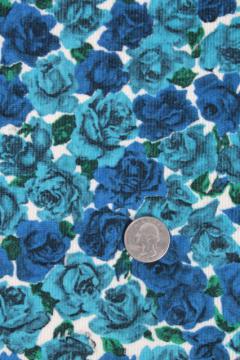 catalog photo of vintage pure cotton corduroy fabric pinwale pincord w/ retro blue roses print